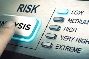 A control panel reading "Risk" with a rating chart of "low, medium, high, very high, and extreme", a bulb is lit up next to "low. A finger is pressing a glowing button that reads "analysis" under risk.